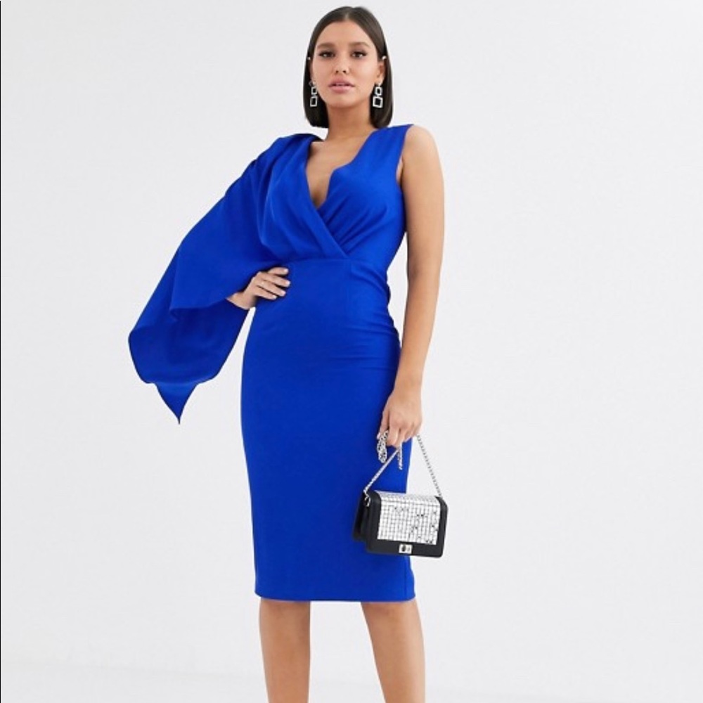one shoulder caped midi dress